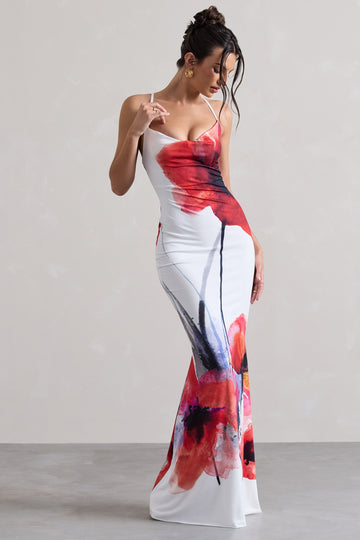 Tamia White Poppy Print Cowl-Neck Maxi Dress
